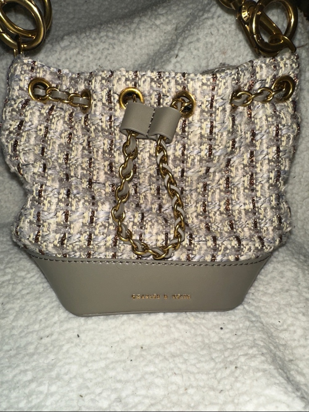 Charles & Keith Tweed Drawstring Crossbody Purse
